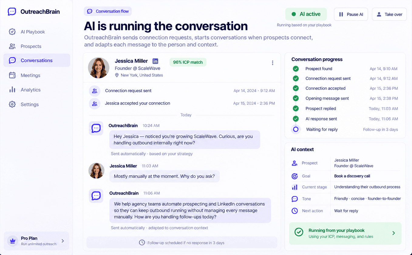 OutreachBrain running an autonomous LinkedIn conversation